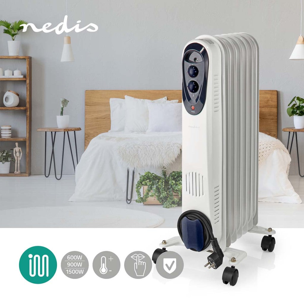 Nedis HToi30WT7 mobiler Ölradiator 600 900 1500 W 7 Lamellen verstellbarer Thermostat 3 Heizstufen Kippschutz weiß