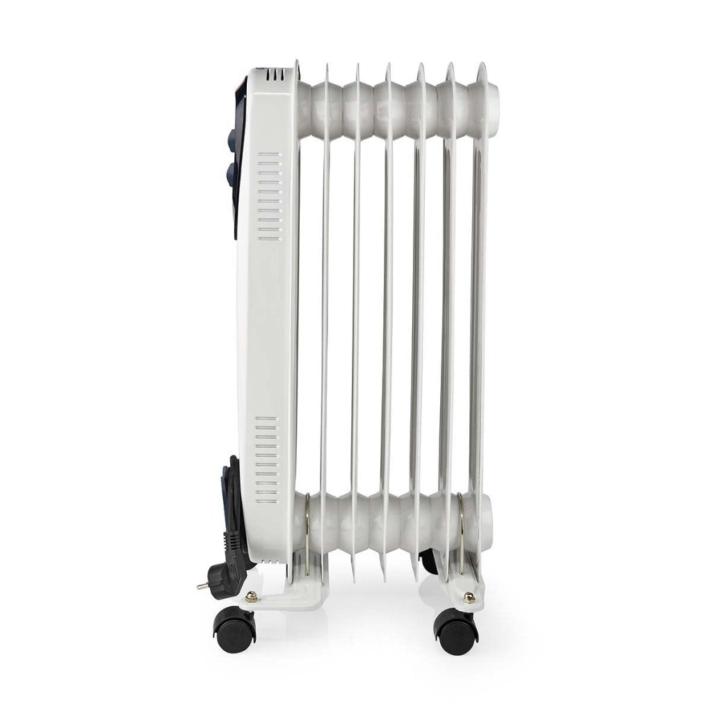 Nedis HToi30WT7 mobiler Ölradiator 600 900 1500 W 7 Lamellen verstellbarer Thermostat 3 Heizstufen Kippschutz weiß