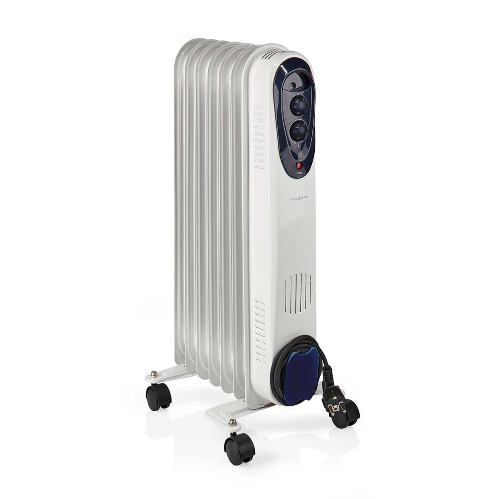 Nedis HToi30WT7 mobiler Ölradiator 600 900 1500 W 7 Lamellen verstellbarer Thermostat 3 Heizstufen Kippschutz weiß