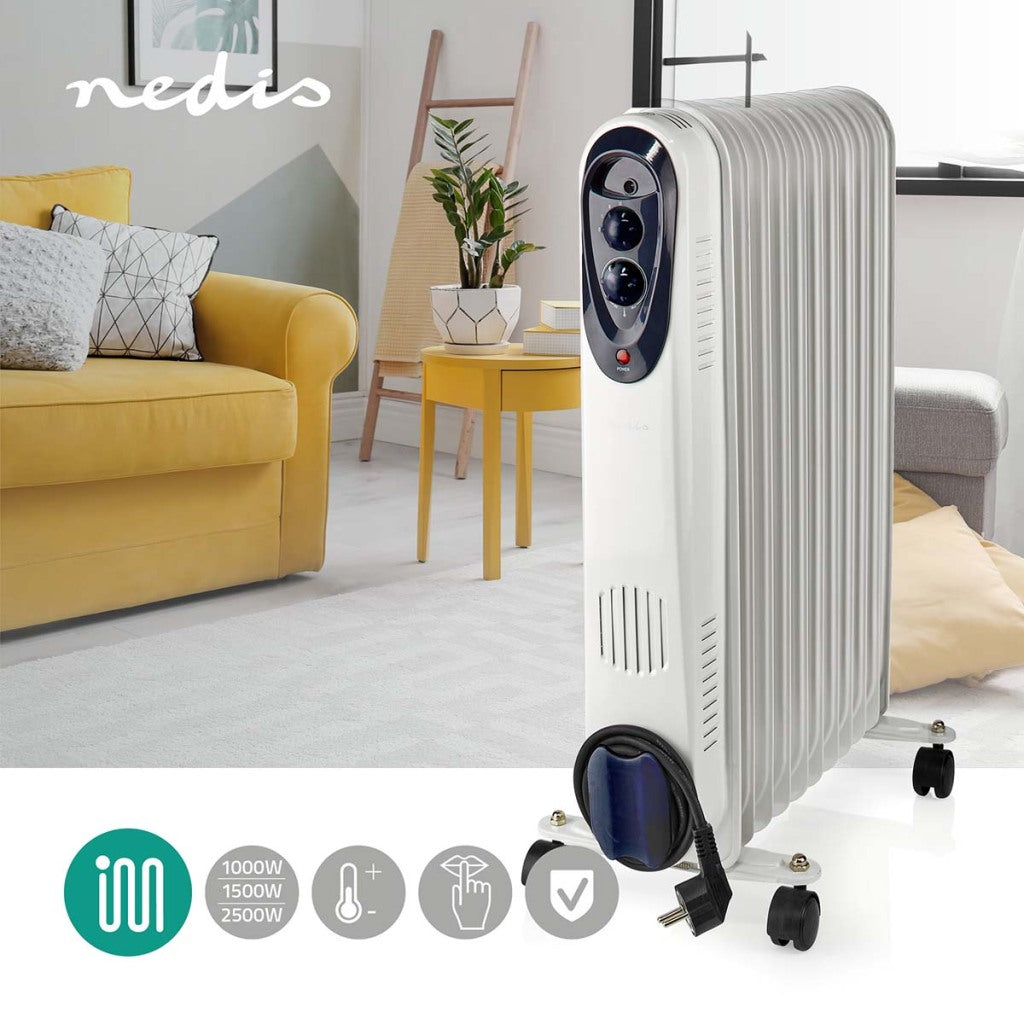 Nedis htoi30wt11 mobiler Ölradiator 1000 1500 2500 W 11 Lamellen einstellbarer Thermostat 3 Heizstufen Kippschutz weiß
