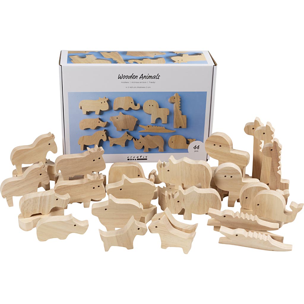 Creativ Company Holztiere, Bauernhof und Safari, H: 3-14,5 cm, Stärke 2 cm, 44 Stück 1 Box