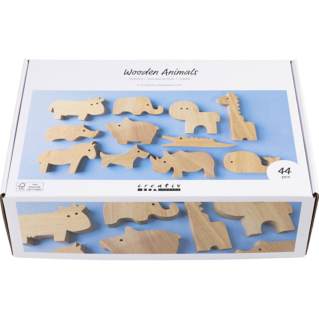 Creativ Company Holztiere, Bauernhof und Safari, H: 3-14,5 cm, Stärke 2 cm, 44 Stück 1 Box