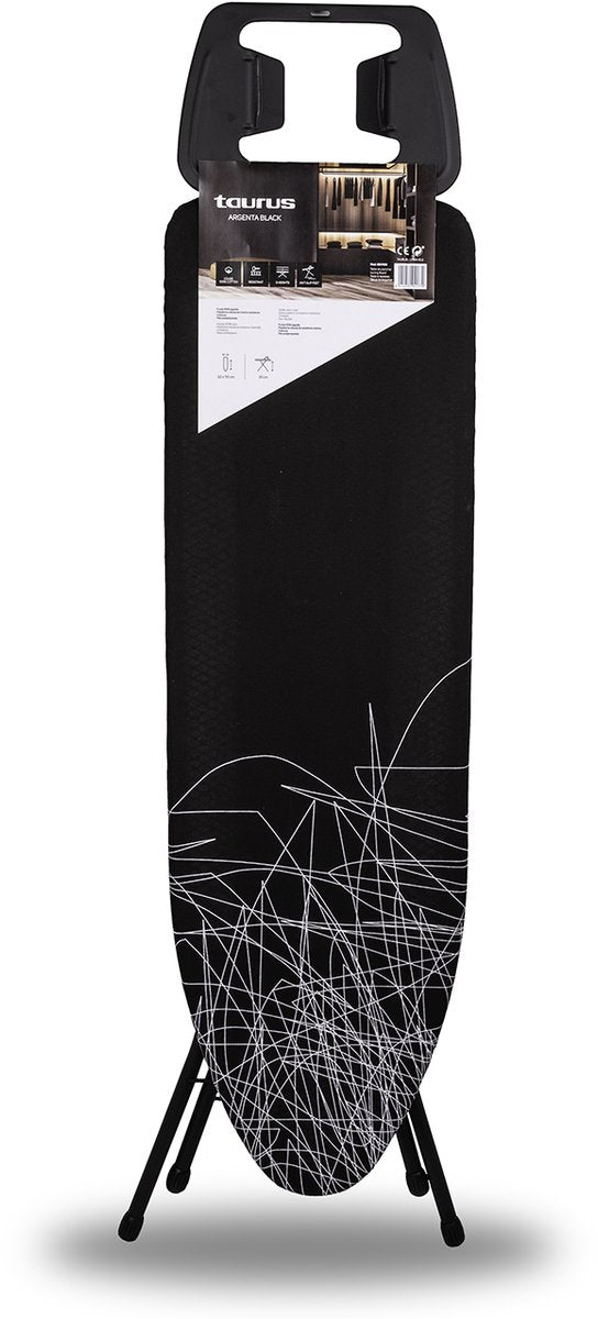 Taurus Argenta Black Bügelbrett – 110 x 32 cm – höhenverstellbar bis 81 cm – Bezug aus 100 % Baumwolle – stabil kompakt – Schwarz und Weiß