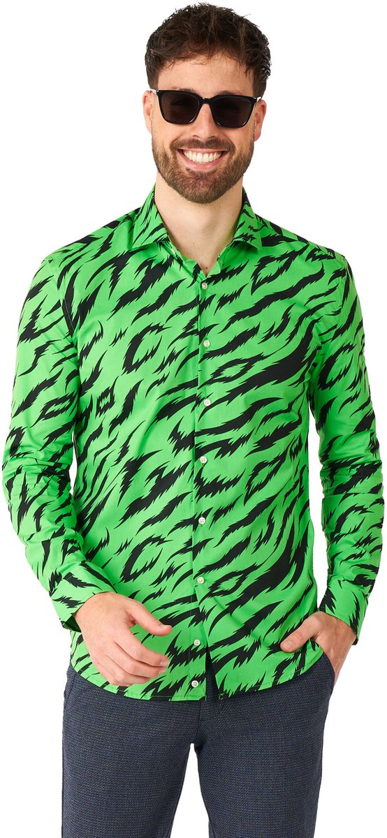 Opposuits shirt - wild animal - heren overhemd - carnavalskleding - neon groen shirt - groen - maat: xxl