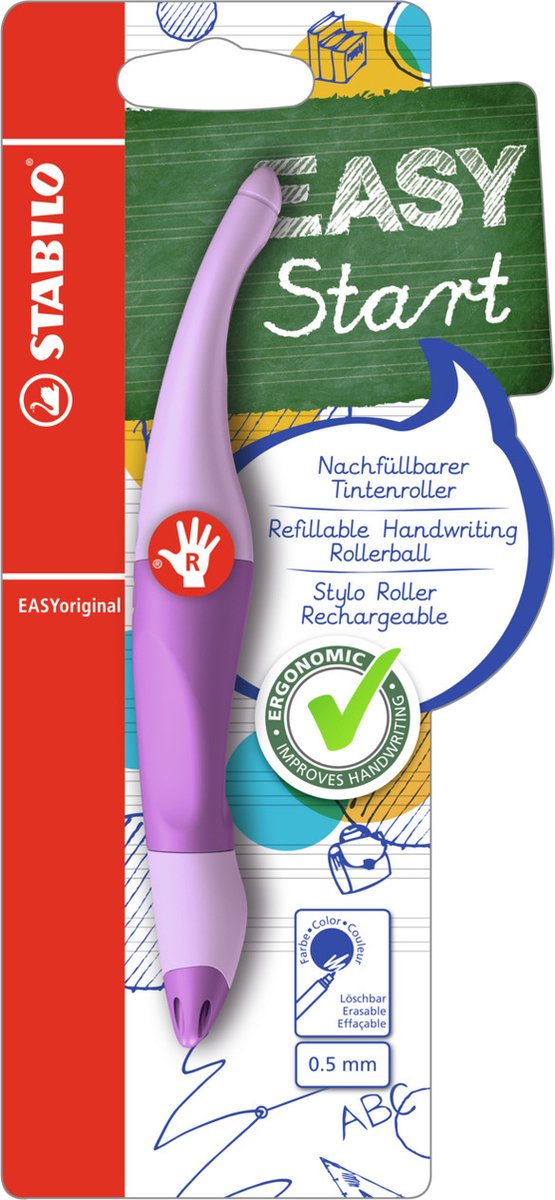 Stabilo Easyorginial ergonomischer Tintenroller – Rechtshänder – blaue Tinte – nachfüllbar – Pastell-Flieder-Rouge