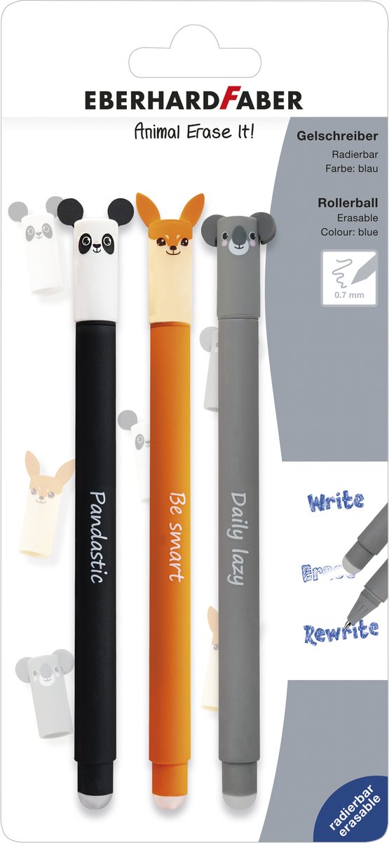 Eberhard Faber – Gelstift – Animal Erase-It – Blister-Arsch. Farbe - Schreibfarbe blau - ef-582123 - (Panda, Koala, Fuchs)
