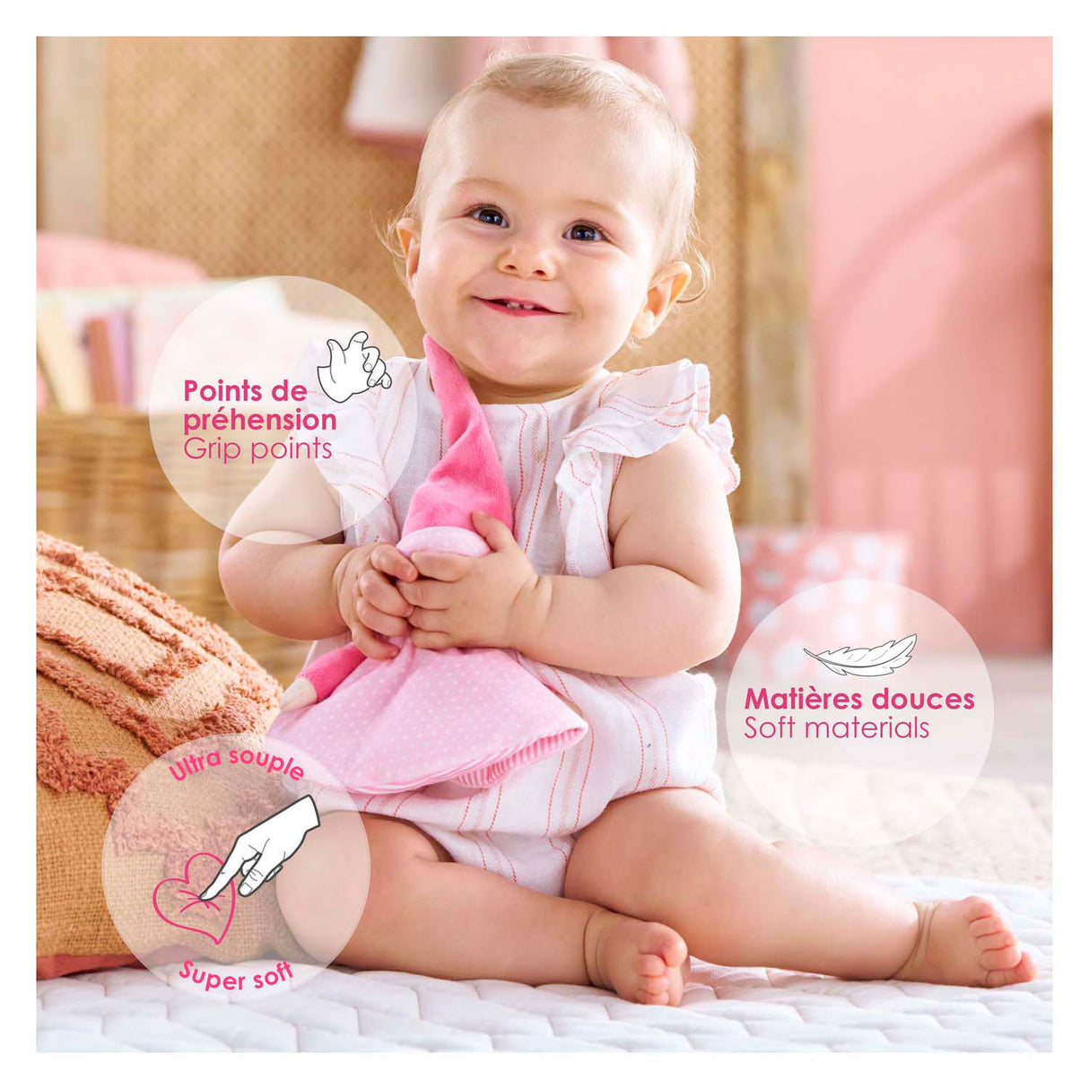 Corolle Kuscheltuch rosa - Tidoudou Babytuch 17cm für Babys.