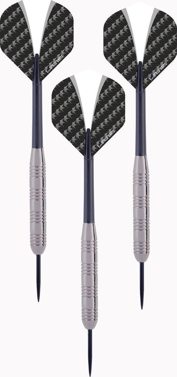 Engelhart Darts Tungsten Look Set 23 g – 3 Dartpfeile mit Stahlspitze – Tungsten Look Barrel – Nylonschaft – Weiß Schwarz Flight – inklusive Etui – Longfield