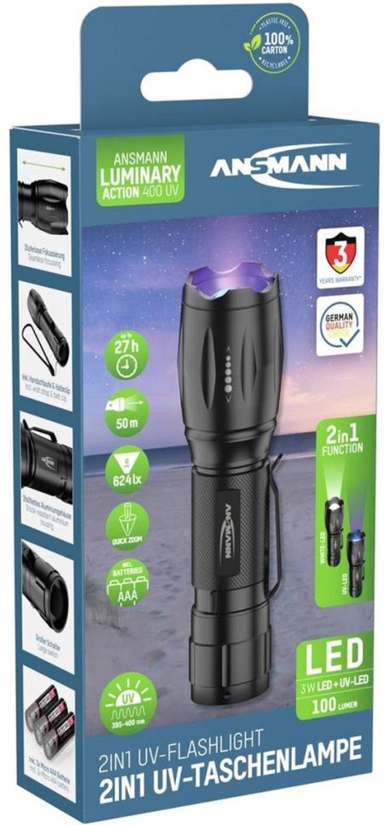 Flashlight UV and LED incl. 3 AAA-Batterien | 2 Stk