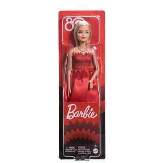 Barbie Mattel Modepuppe zum 80-jährigen Jubiläum – rubinrotes Kleid mit silbernen Akzenten