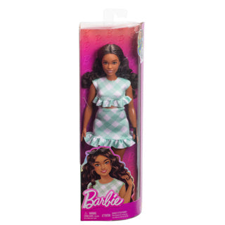 Barbie-Puppe – Puppe mit dunkelbraunen Haaren und grün kariertem Kleid – Modepuppe