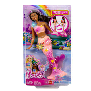 Barbie Flower Magic Meerjungfrau-Puppe – magische Blumen, die blühen – braun-rosa