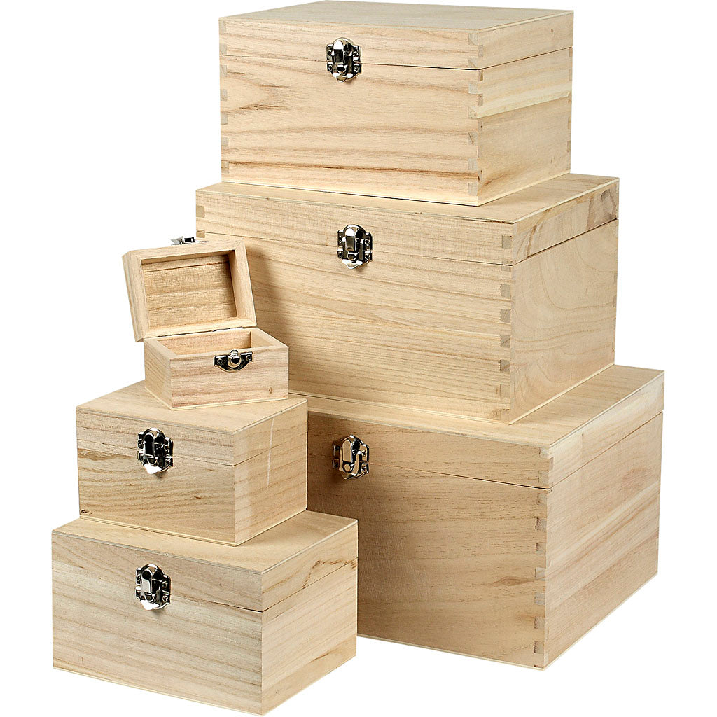 Creativ Company Set Holzkisten, H: 5+7+9+11+13+15 cm, L: 8+11,8+15,8+20+24+27,7 cm, B: 5,8+8,8+12+15+18+21 cm, 6 Stück 1 Set