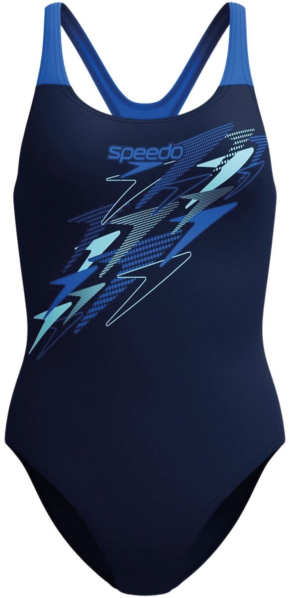 Speedo medley logo medalist 1 piece dames sportbadpak - kleurvast badpak dames - chloorbestendig zwempak dames - sportbadpak dames met medalist-rug - marine blauw - 44