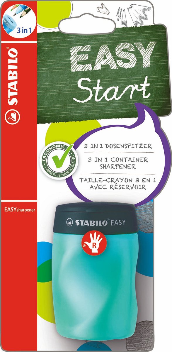 Stabilo easysharpener – ergonomischer 3-in-1-Bleistiftspitzer – Rechtshänder – blau – für alle Bleistifte geeignet