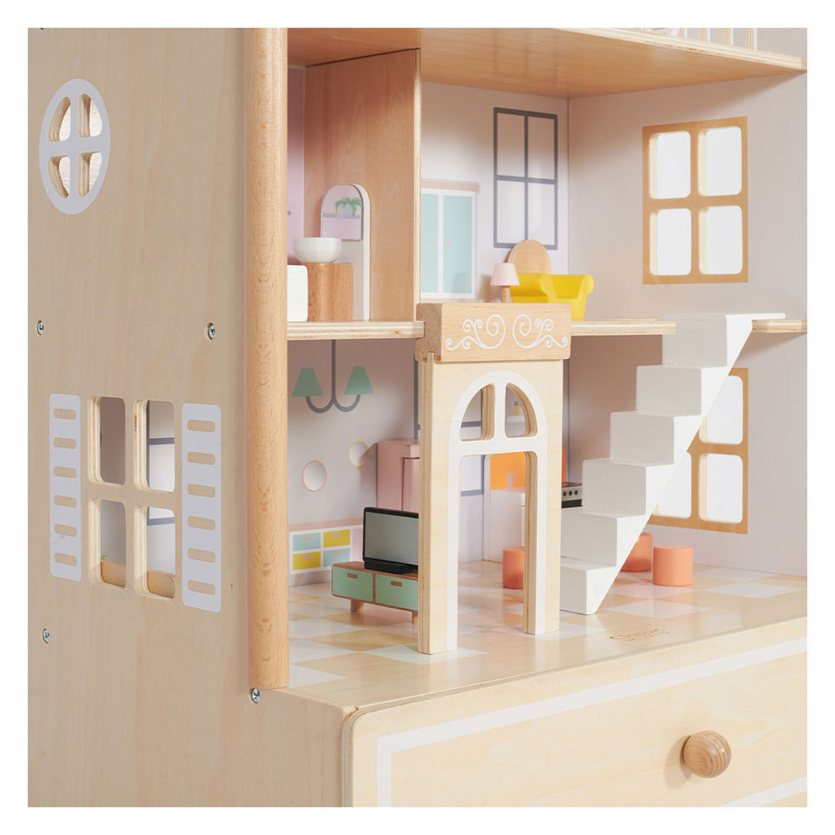 Klassisches Puppenhaus „World Happy Villa“ aus Holz, 28-teilig.