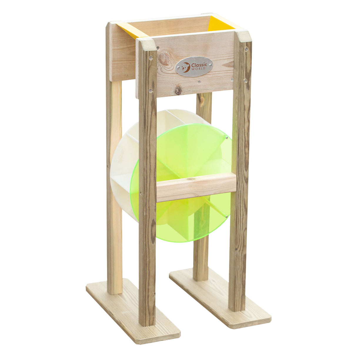 Nachhaltiges Spielzeug der klassischen Welt aus Holz, Sandmühle und Sandtrichter.