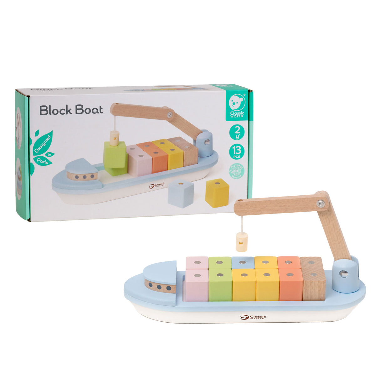 Classic World World Holzblockboot mit Kran, 13-tlg.