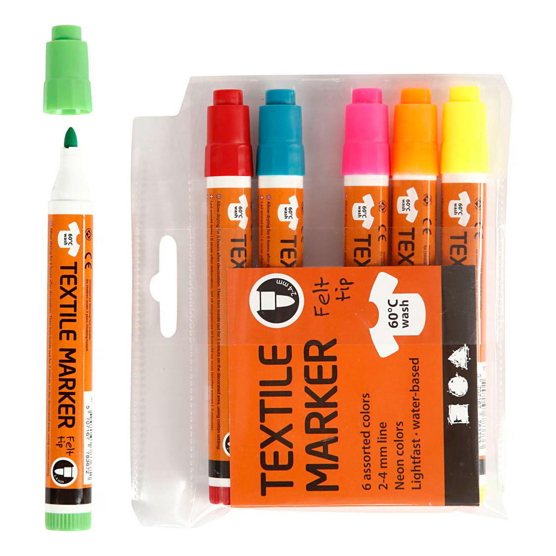 Textilmarker, Strichstärke 2-4 mm, Neonfarben, 6 Stück, 1 Box