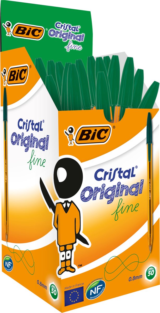 Bic Cristal Original dünne Kugelschreiber – grün – Schachtel mit 50 Stück – dünne Spitze 0,8 mm