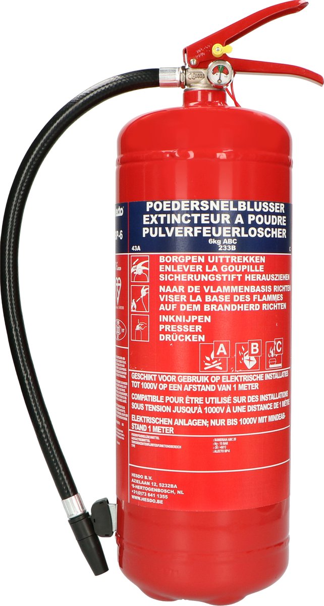 Feuerlöscher Alecto bp-6 – Pulverlöscher 6 Kilogramm – Brandklasse ABC – inklusive Aufhängebügel