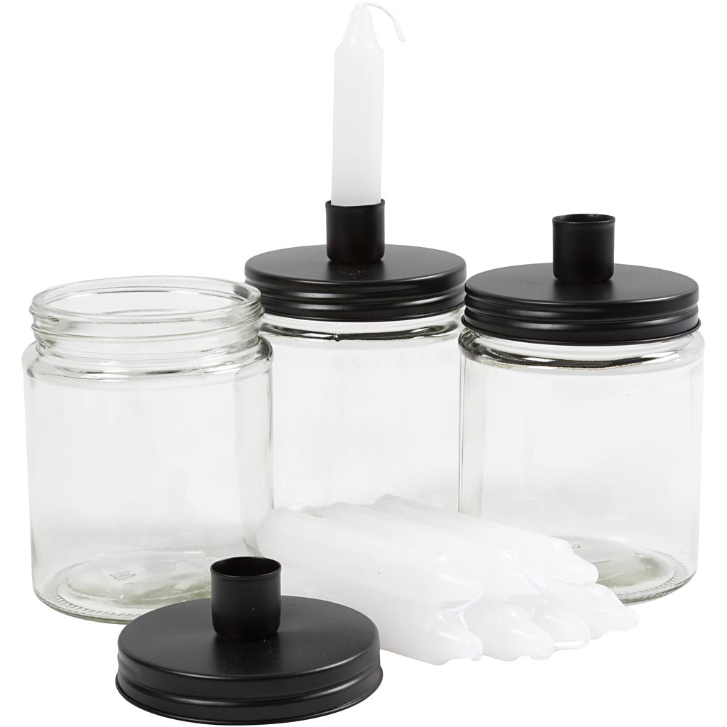 Glas mit Kerzenständer und Kerzen, H: 15 cm, T 9,5 cm, Maße 15 cm, 6 Set 1 Box