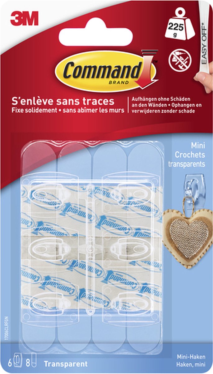 3m command decohaak, small, draagvermogen 225 gram, transparant, blister van 6 stuks