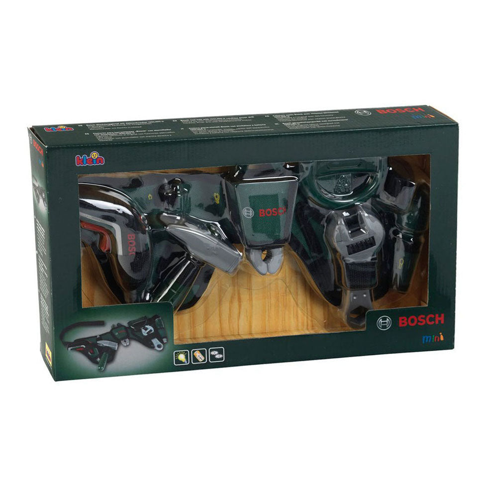 Klein Toys Bosch Mini-Werkzeuggürtel-Set – Akkuschrauber, Hammer, Zange, Säge, Schraubenschlüssel, Schraubendreher – inkl. Licht- und Soundeffekte - grün rot