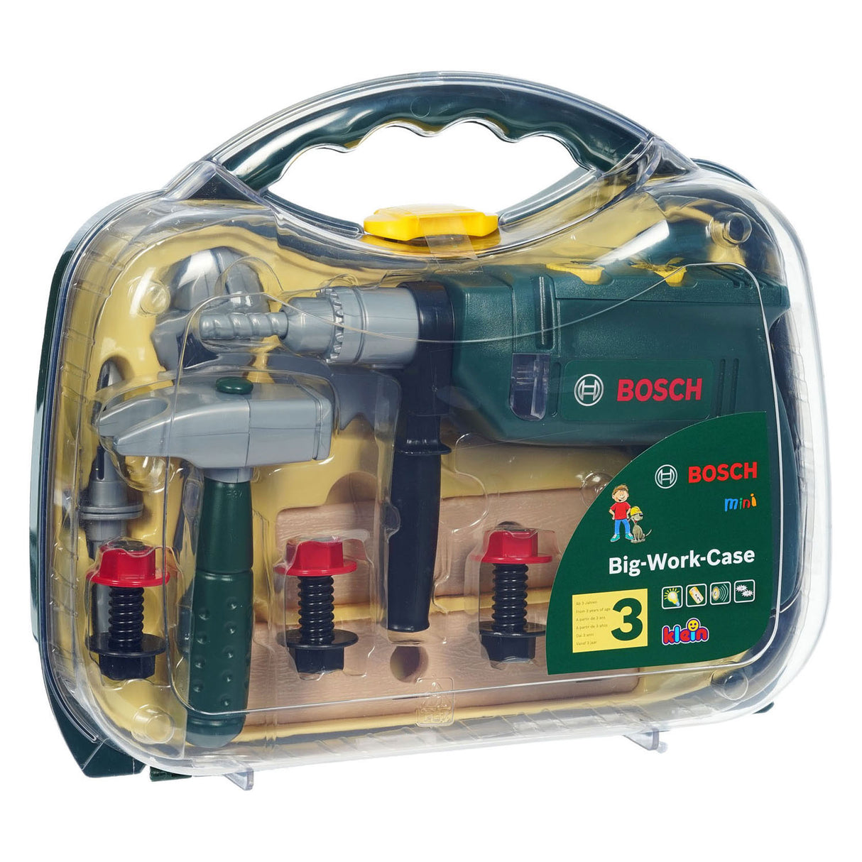 Klein Toys Bosch Mini 16-teiliger Spielzeug-Werkzeugkasten – Bohrer, Hammer, Säge, Maulschlüssel und Werkzeugzubehör – inkl. Licht- und Soundeffekte - grün