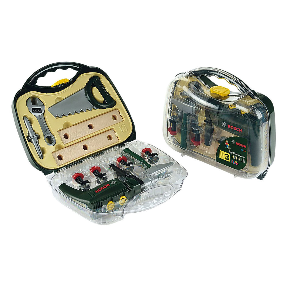 Klein Toys Bosch Mini 16-teiliger Spielzeug-Werkzeugkasten – Bohrer, Hammer, Säge, Maulschlüssel und Werkzeugzubehör – inkl. Licht- und Soundeffekte - grün