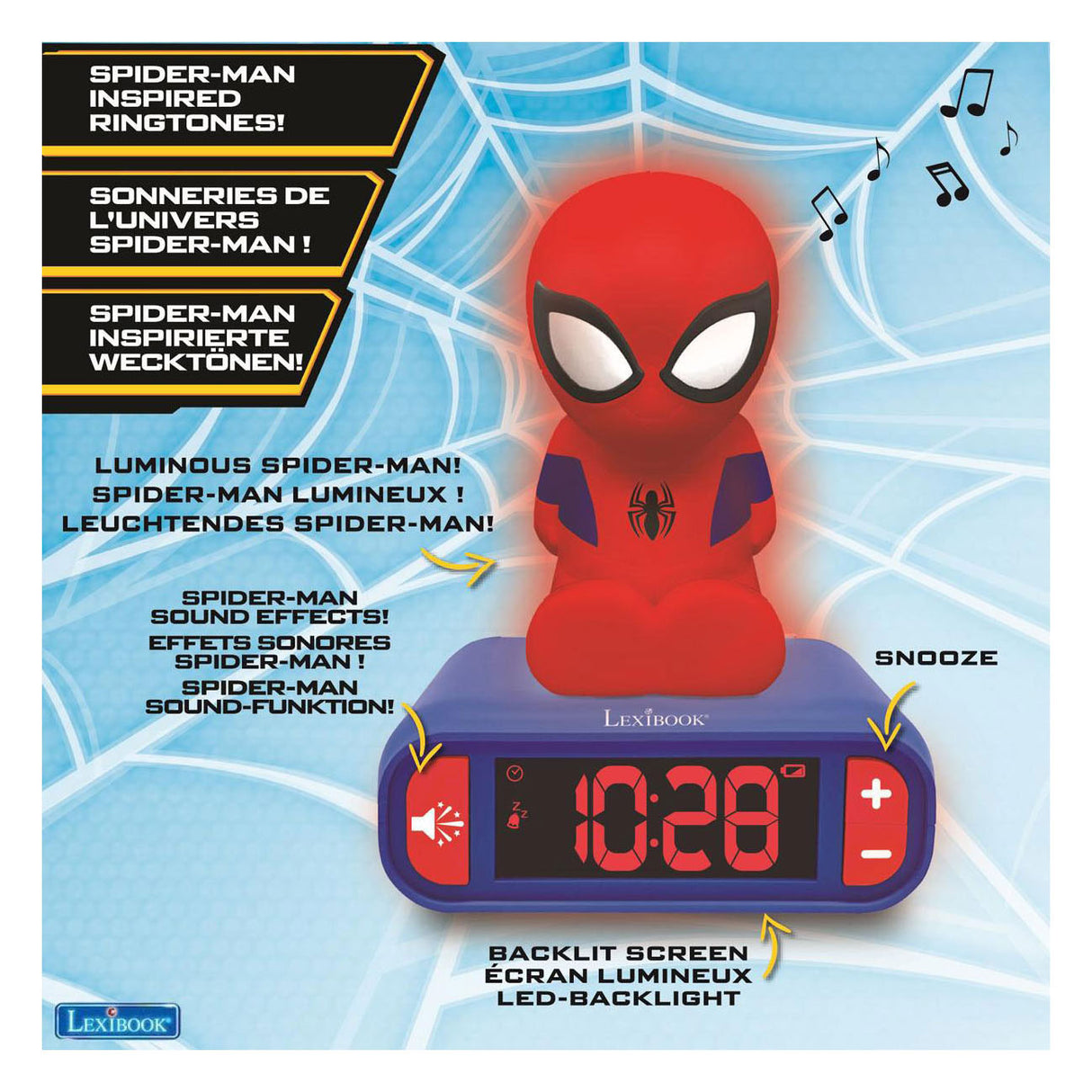 Lexibook-Wecker mit Nachtlicht, 3D-Design, Spiderman und Soundeffekten
