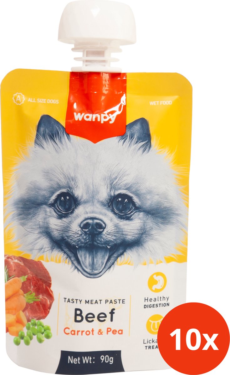 Wanpy – Leckere Fleischpaste für Hunde, Rind, Karotte, Erbse – Vorteilspack 10 Stück – Hundesnack