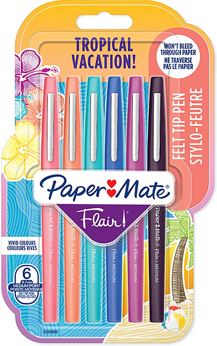 Paper Mate Flair Filzstifte | mittlere Spitze (0,7 mm) | verschiedene tropische Feiertagsfarben | 6 Stück