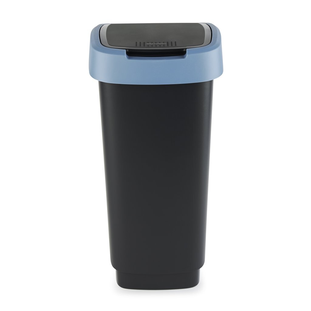 Rotho Twist Mülleimer mit Schwingdeckel 25l - Schwarz Blau - BPA-frei - inkl. 6 Aufkleber für verschiedene Abfallströme