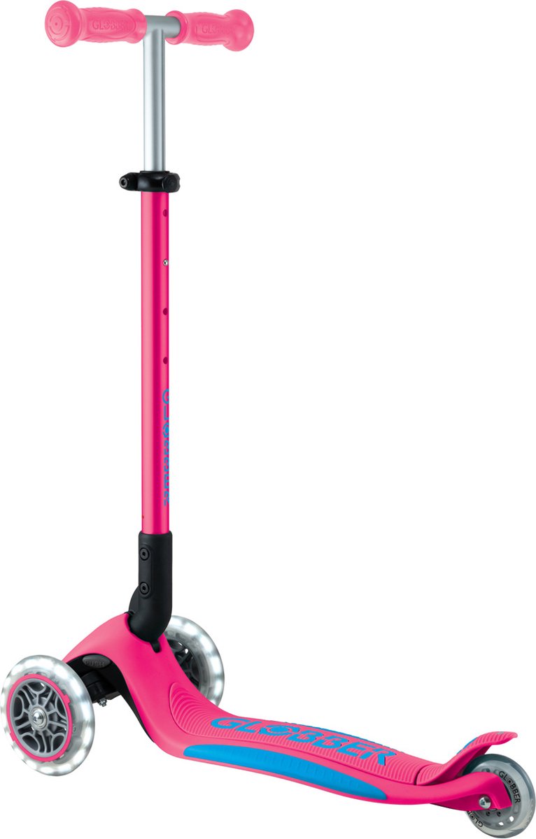 Globber 3-Rad-Roller – Primo faltbar plus Lichter Fuchsia – Pink – leuchtende Räder – faltbar – höhenverstellbar – von 3 bis 9 Jahren