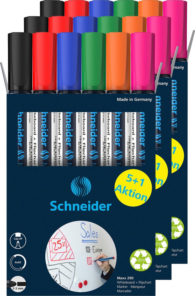 Schneider schrijfwaren schneider whiteboard stiften - maxx 290 - ronde punt - 3x doos - 5+1 gratis - voor whiteboard - s-399317