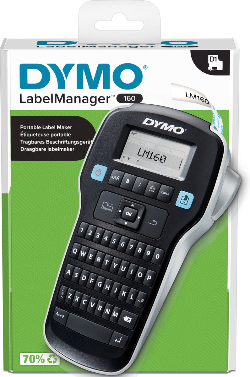 Dymo Label Manager 160 Etikettendrucker | Tragbarer Etikettendrucker mit QWERTZ-Tastatur | inklusive schwarz-weißer D1-Etiketten (12 mm) | für Zuhause und Büro