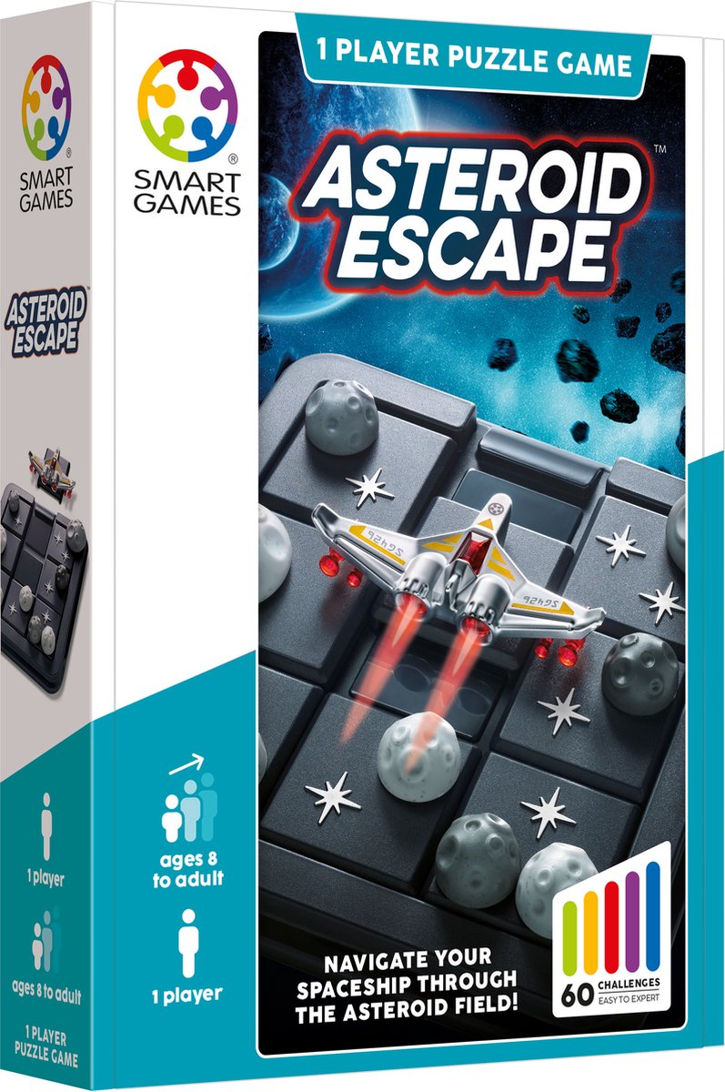 Smart Games Asteroid Escape – kompaktes Schiebepuzzle-Denkspiel – 60 lehrreiche Weltraumherausforderungen – Reisespiel Solospiel – ab 8 Jahren