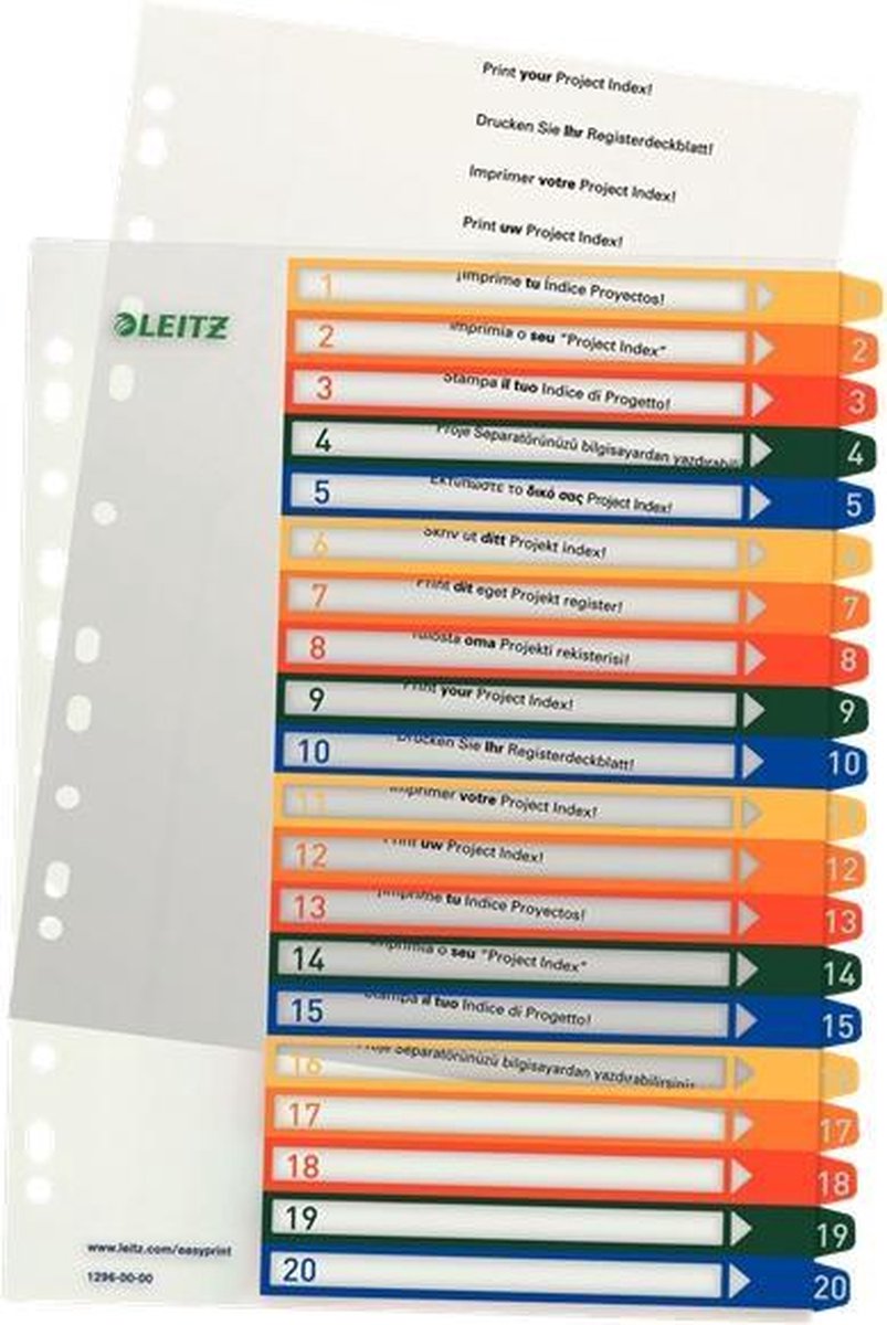 Leitz 1296 Register DIN A4 1-20 Polypropylen mehrere Farben 20 Register extra breit, PC beschreibbar 12960000