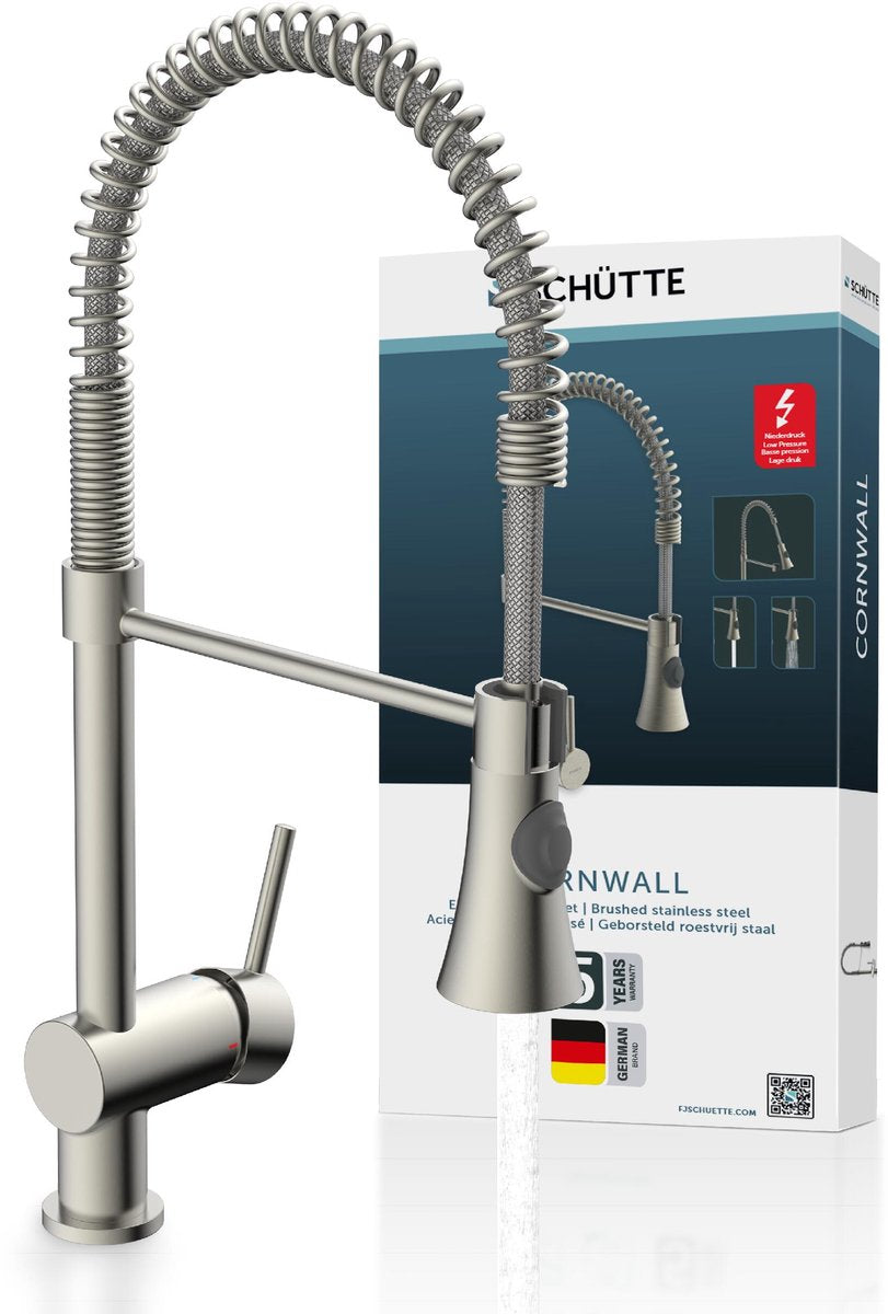 Schütte Cornwall Design Küchenarmatur für Durchlauferhitzer mit freiem Auslauf - Niederdruck - Mischbatterie - Schwenkauslauf mit Spiralfeder - Edelstahloptik