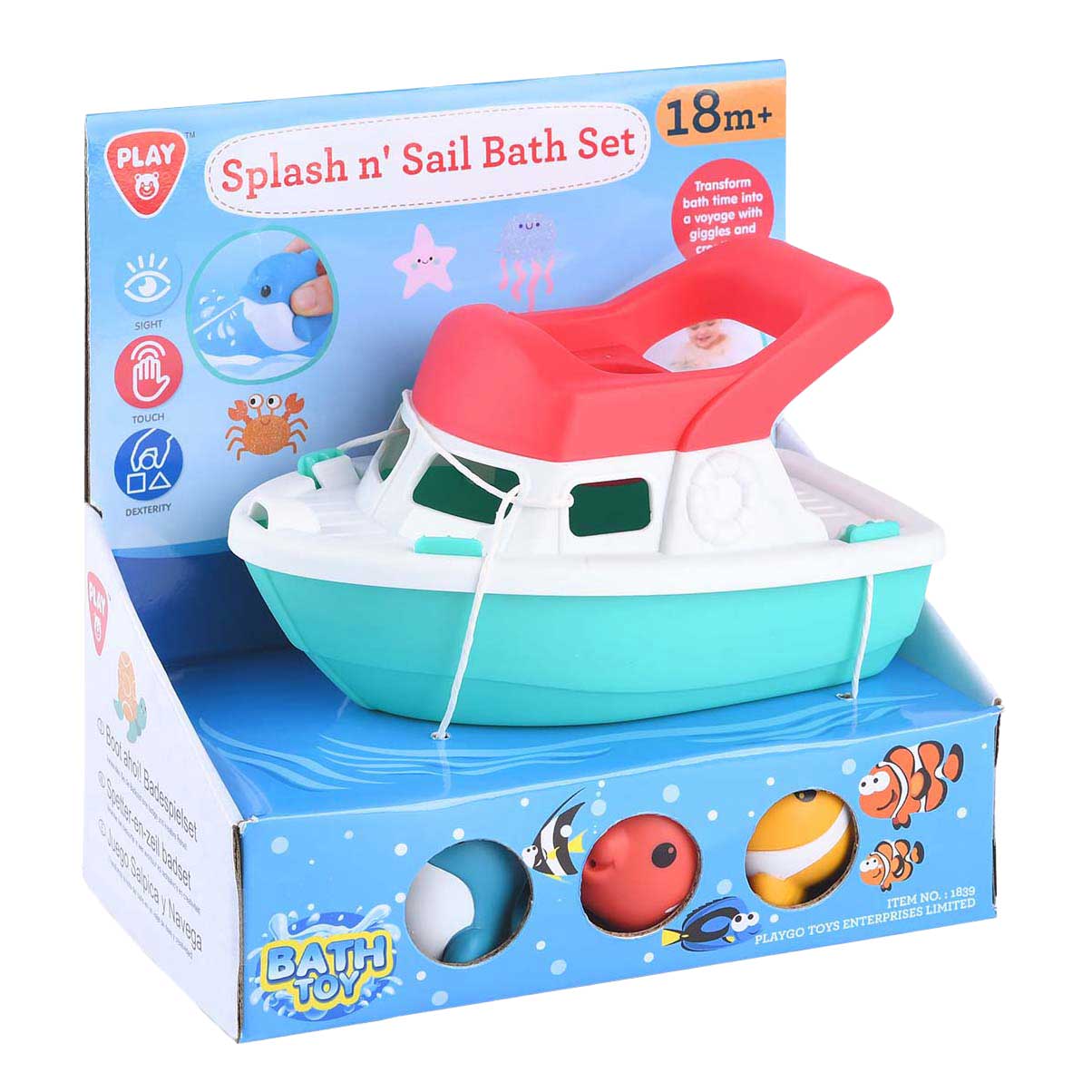 Playgo Badespielzeugboot mit Spritzenfiguren für sensorisches Spielen.