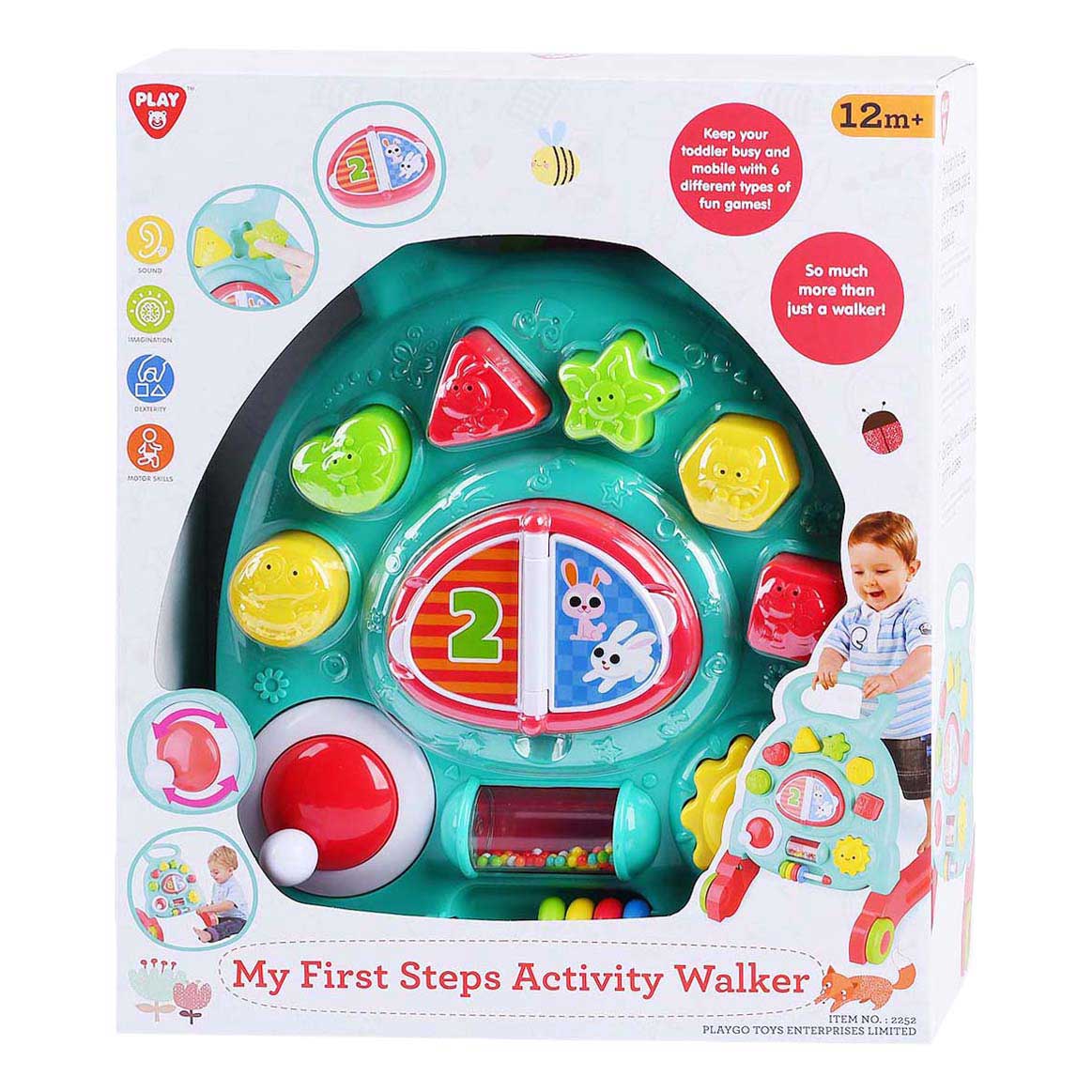 Playgo-Aktivitätslaufwagen aus Kunststoff mit Lernspielzeugen.