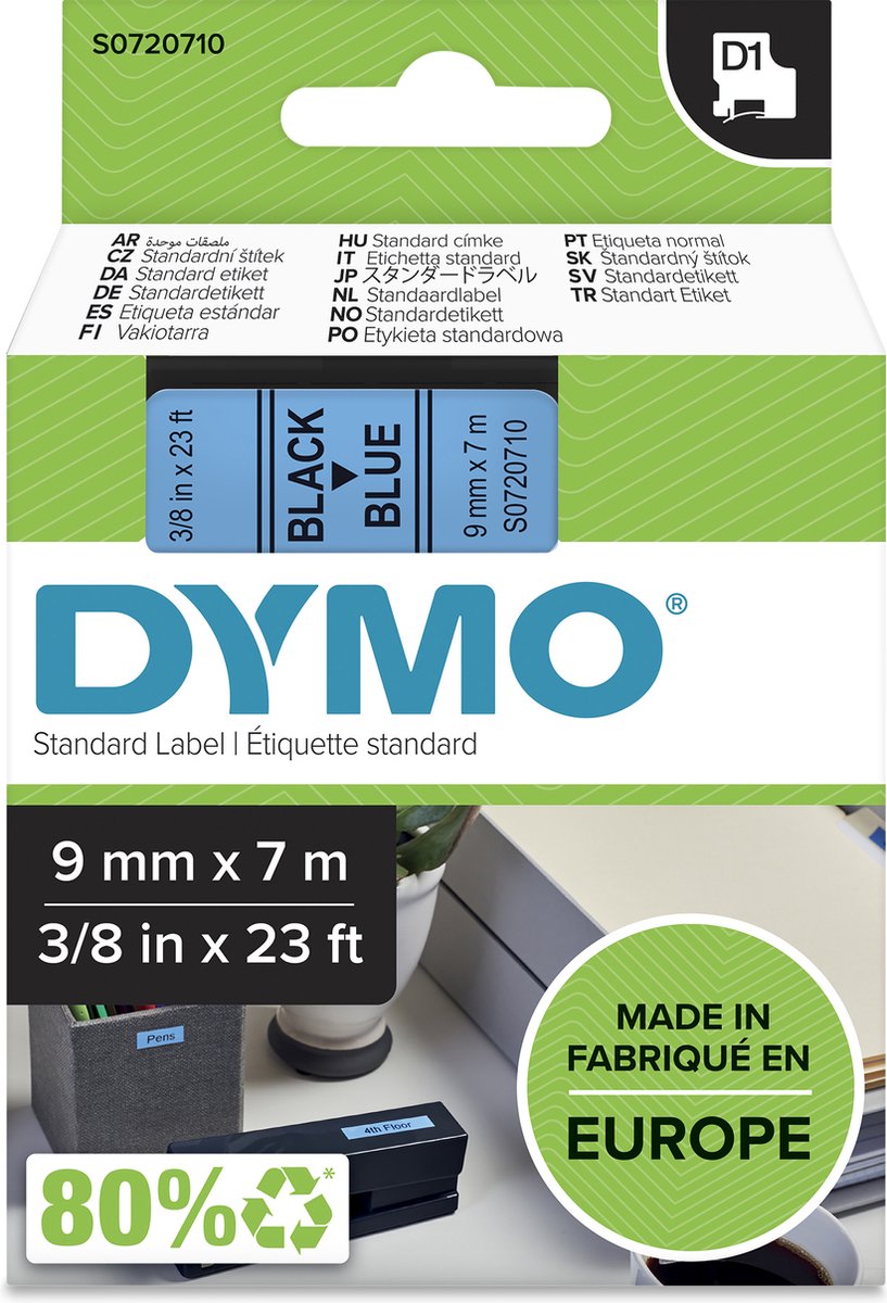 Original Dymo d1-Etiketten | schwarzer Text auf blauem Etikett | 9mm x 7m | selbstklebende Etiketten für den Etikettendrucker Label Manager | Hergestellt in Europa