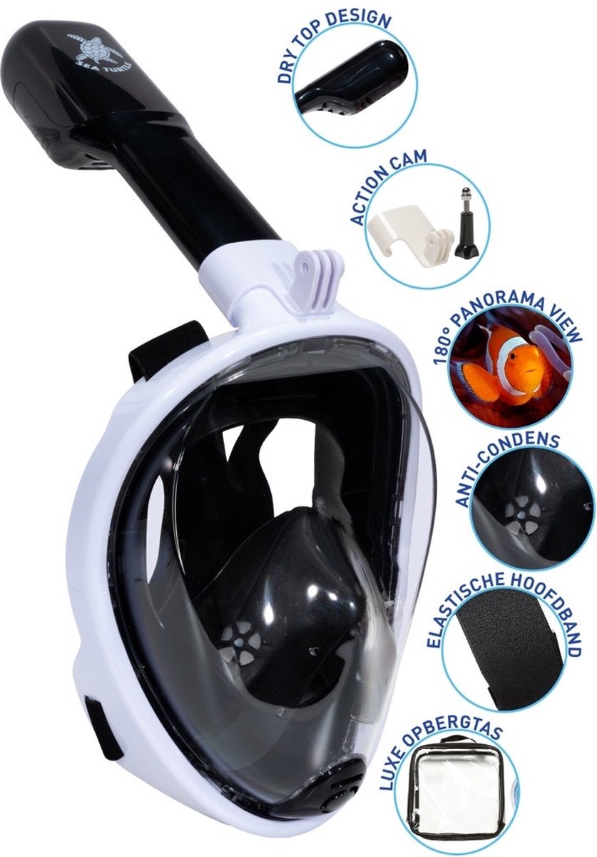 Meeresschildkröten-Schnorchelmaske – Schnorchel – Taucherbrille – Schnorchelset – Vollgesichtsmaske – Erwachsene – Weiß Schwarz – L XL