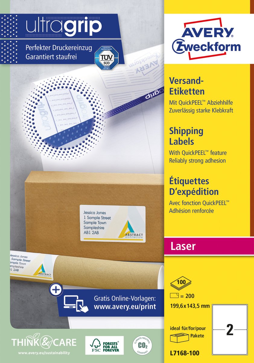 Avery weiße Laseretiketten, Quickpeel-Box mit 100 Blatt, Größe 1996 x 1435 mm (B x H), 200 Stück, 2 pro Blatt