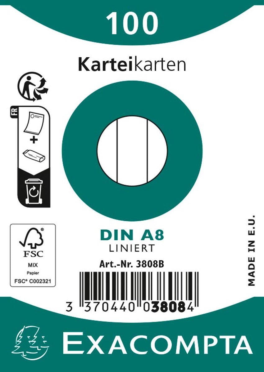 Exacompta 1x Packung mit 100 Karteikarten in Folie – Bristol liniert, nicht perforiert, 55 x 74 mm, weiß