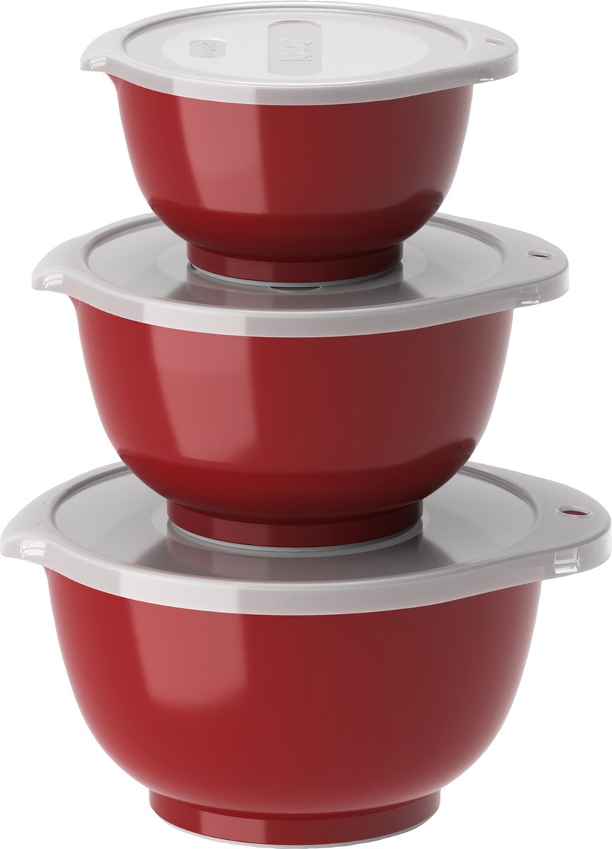 Rosti margrethe beslagkom set - 6 delig - 0,25, 0,5 en 0,75 l - rood - mengkom met deksel voor bakken en koken - magnetron-, vriezer- en vaatwasmachinebestendig