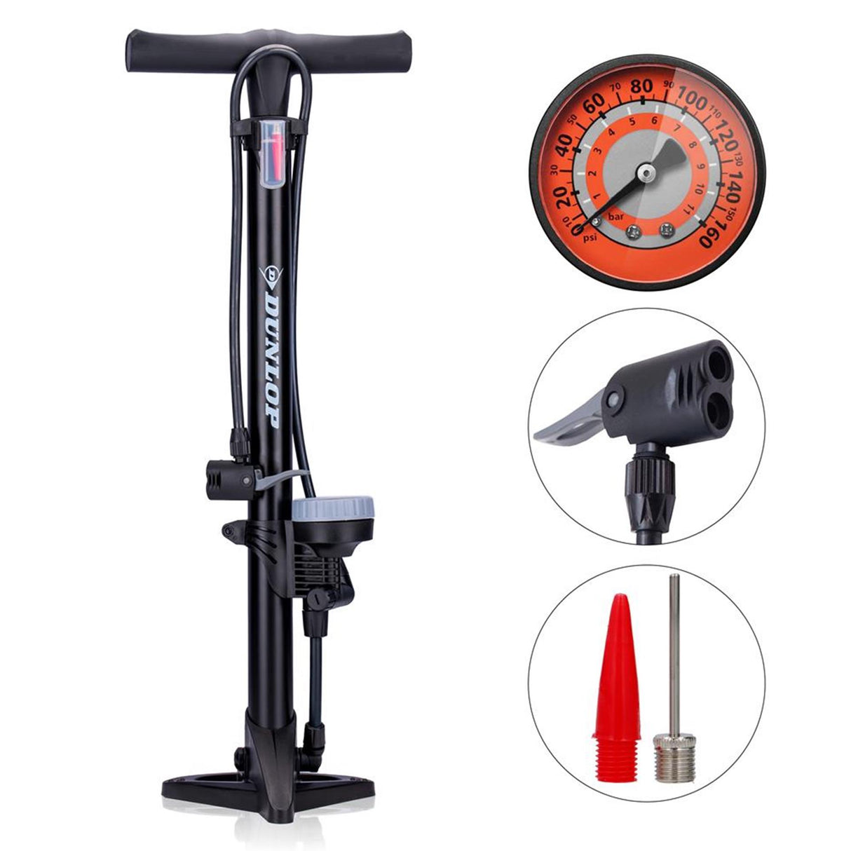 Dunlop Stand-Fahrradpumpe, Modell, analoges Manometer, Doppelventilkopf, schwarz
