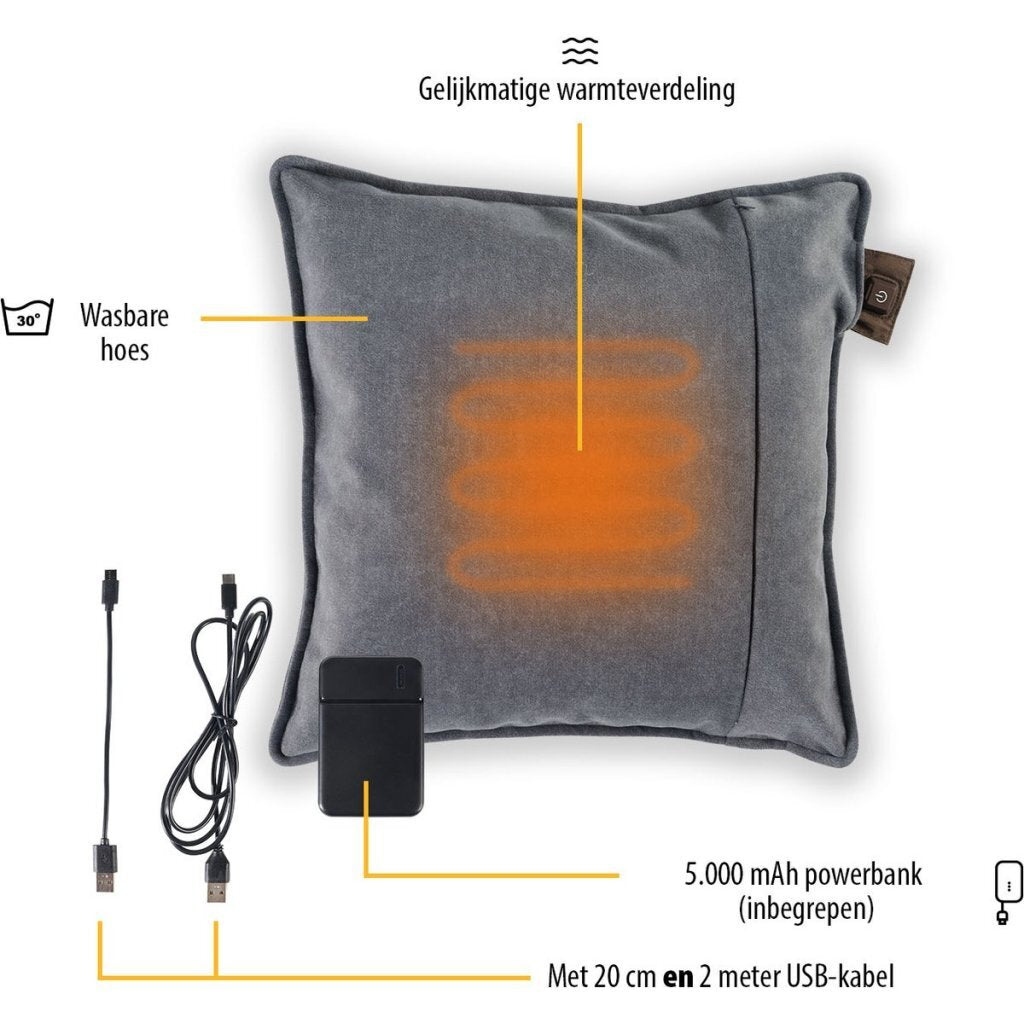 Tristar warmte kussen 45x45cm grijs incl powerbank