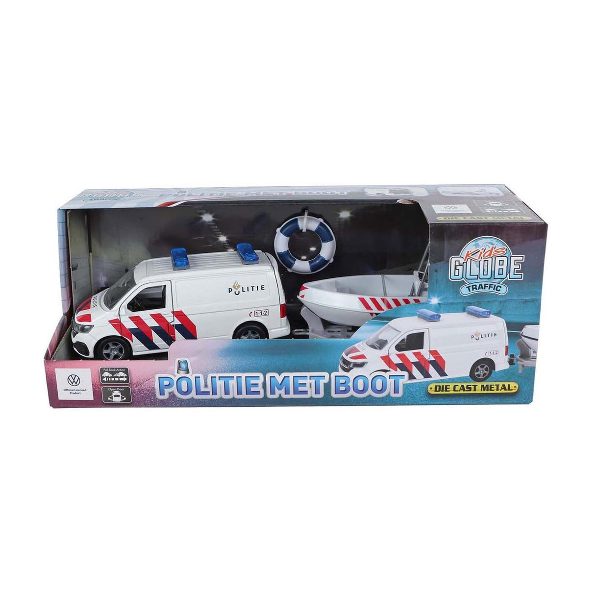 Kinderglobus VW Transporter Polizei mit Boot aus Druckguss